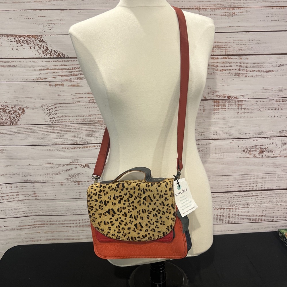 Soruka Crossbody Bag One Of A Kind Recycled Leather Multi Color/Animal Print NEW